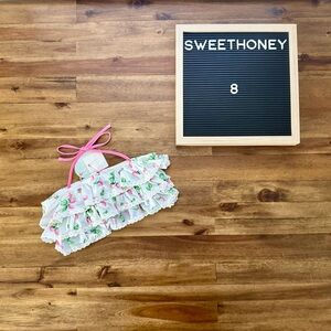 NWT SweetHoney Milly Frilly Bikini Top Sweet Berry 8 White Pink Strawberries